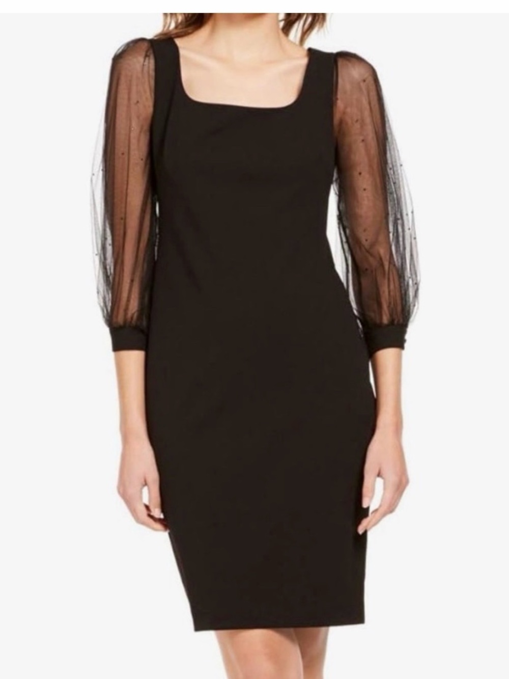 Calvin Klein Black Square-Neck Sheath Dress with Sheer Sleeves size 10
